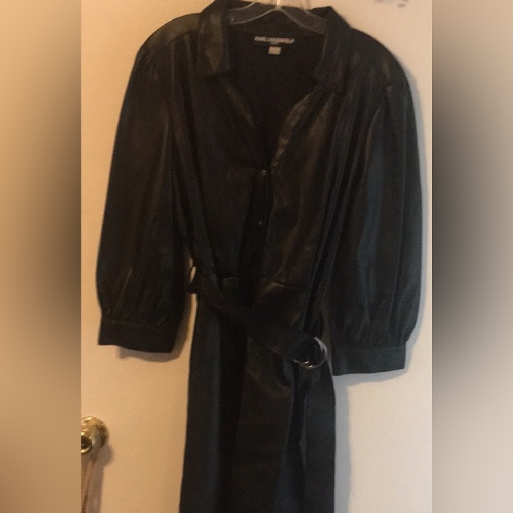 Black Faux Leather Belted Jacket/dress with silver logo buttons & belt